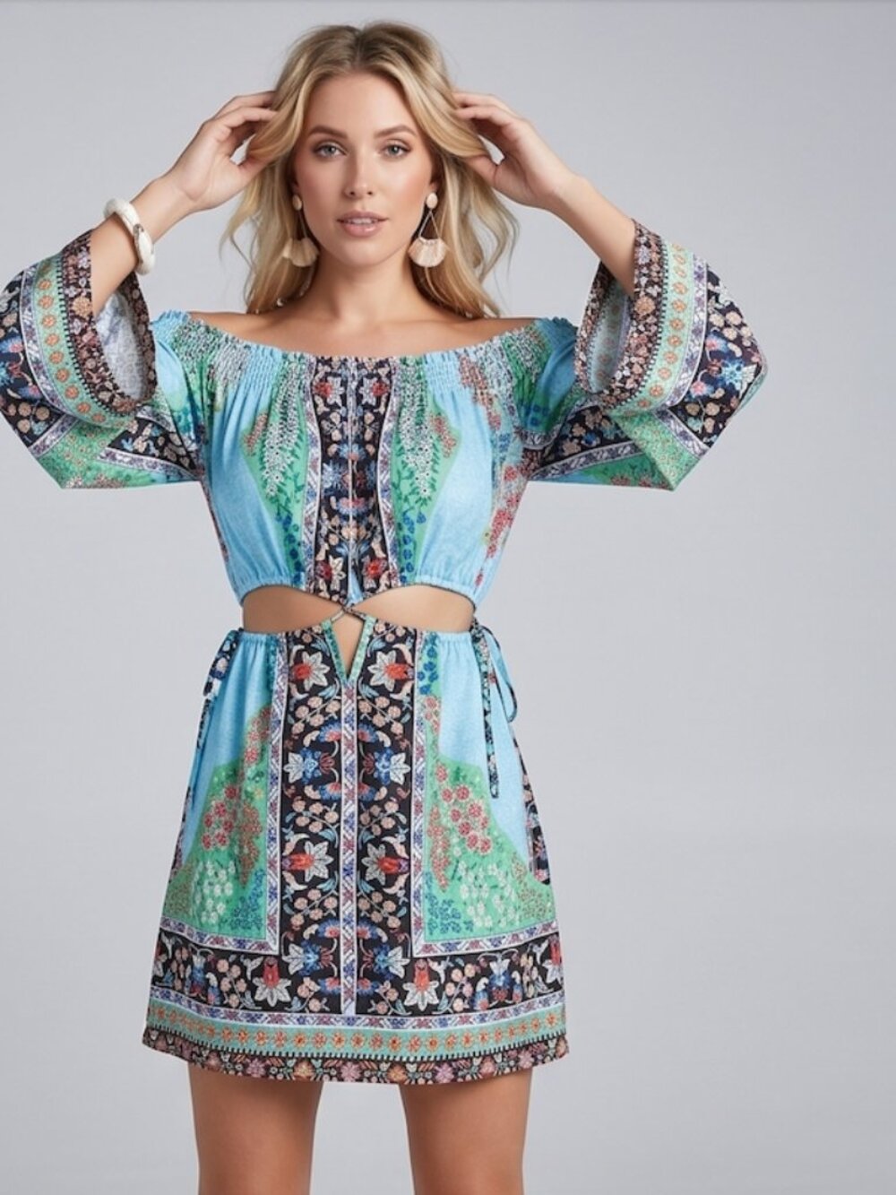 Floral Print Off Shoulder Shirred Cut Out Knot Side Dress